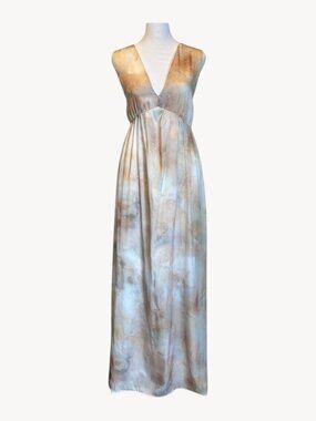 H&M Ivory/Gold Watercolor V-Neck Sleeveless Floor Length Lined Dress Sz Lg